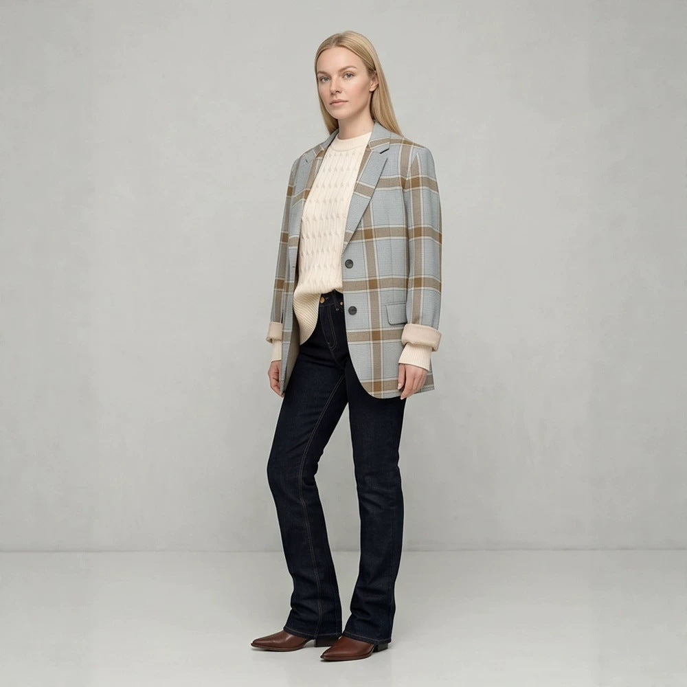 Women Oversize Check Blazer in Glencheck with boxy silhouette and falling lapels Amarae