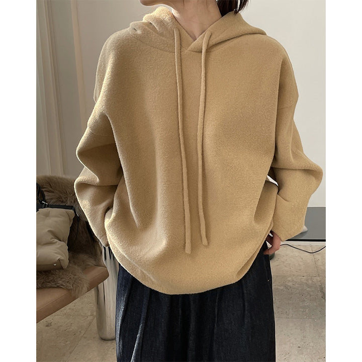 Women's Cozy Wool Blend Hoodie in Boxy A-Line Cut with Drawstring Hood