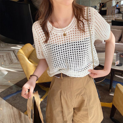 Ladies Textured Open Knit Top with Short Sleeves Amarae