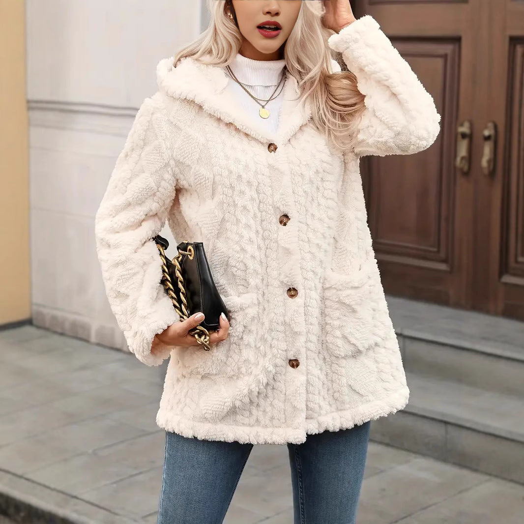 Ladies comfortable and soft plush jacket with hood and pockets Lune London