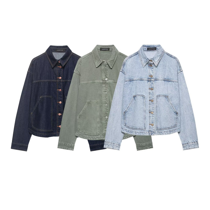 Women's Boxy Cropped Denim Work Jacket with Large Applied Front Pockets Amarae