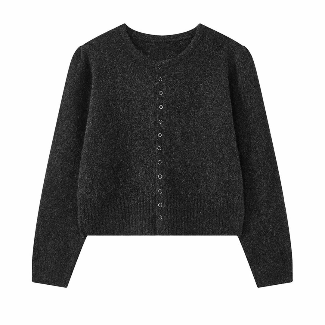 Women Button-Front Short Knit Jacket with Fluffy Texture and Narrow Hem Amarae