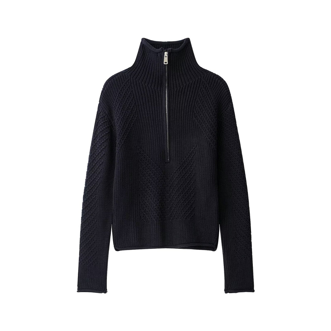 Ladies chunky knit pullover with half zipper and high stand-up collar Amarae