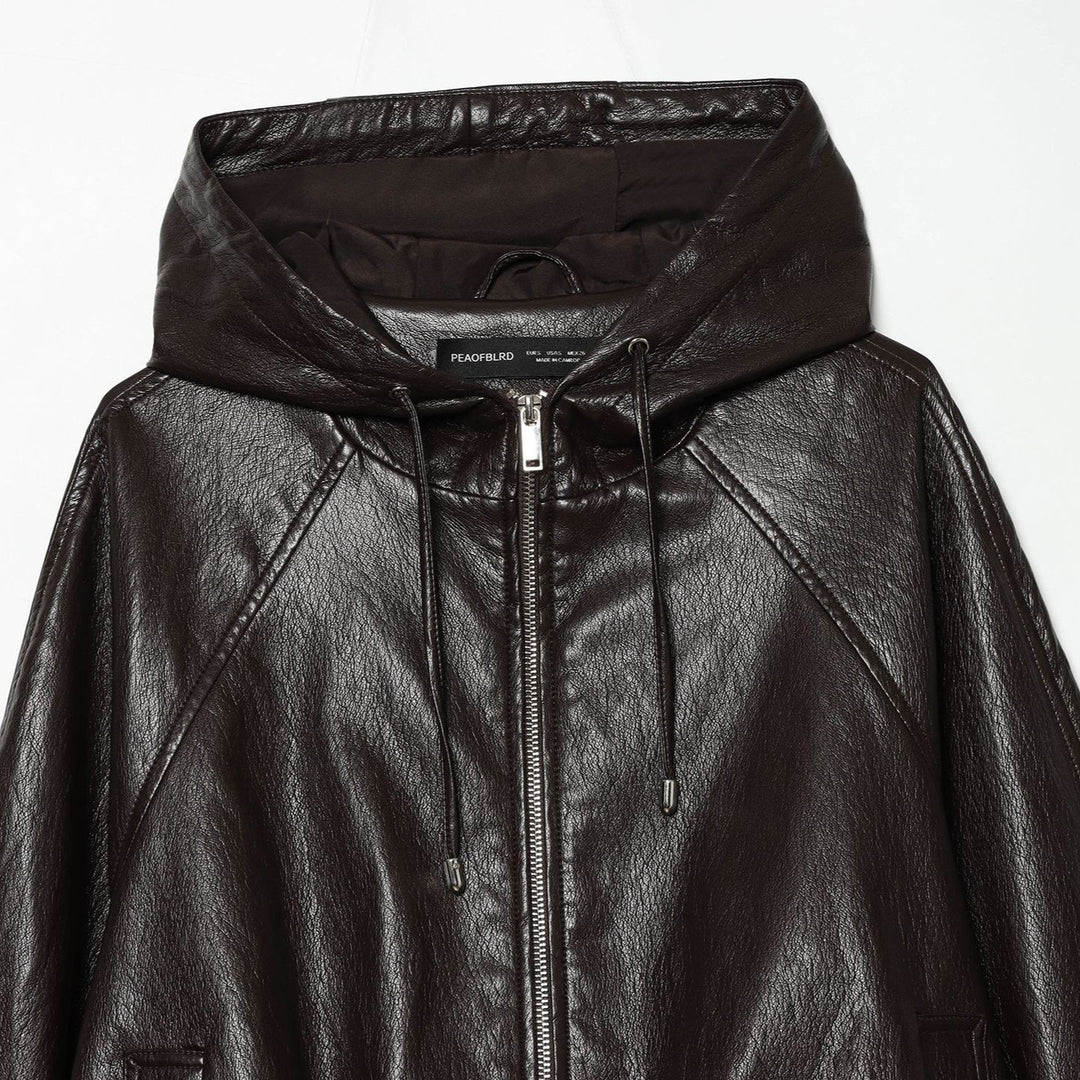 Women's Short Hooded Leather Look Bomber Jacket with Drawstring Hem Amarae