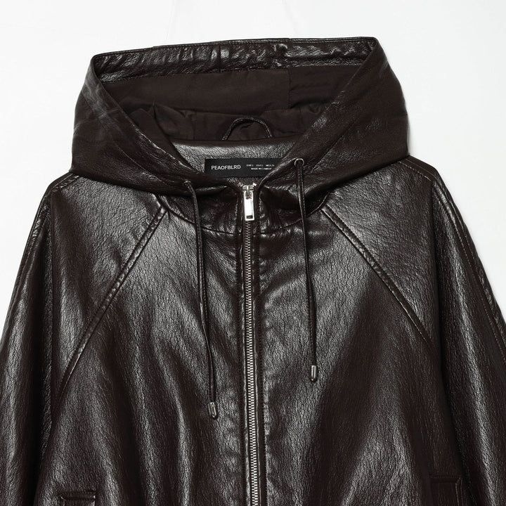 Women's Short Hooded Leather Look Bomber Jacket with Drawstring Hem Amarae