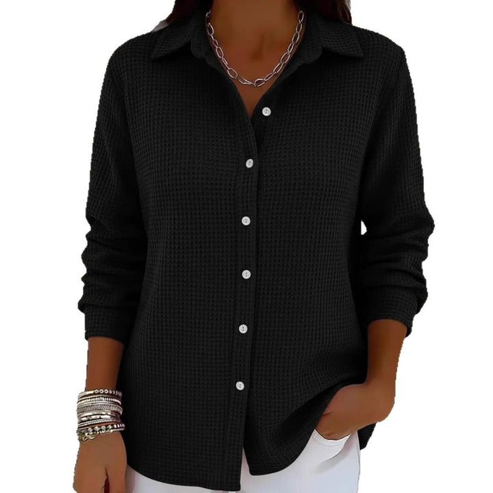 Women's Structured Shirt Blouse in Waffle Knit with Classic Collar and Continuous Button Placket Amarae