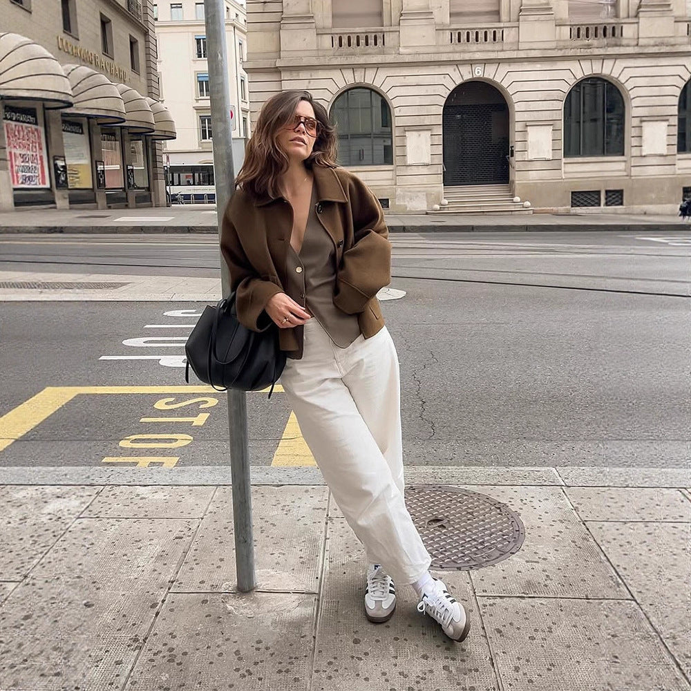 Women Short Wool Blend Blazer with Boxy Silhouette and Extra Long Sleeves Amarae