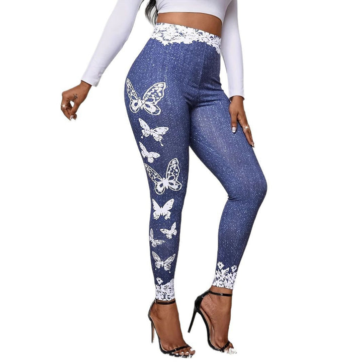 Leggings for women with floral lace trim and colorful butterfly print Lune London
