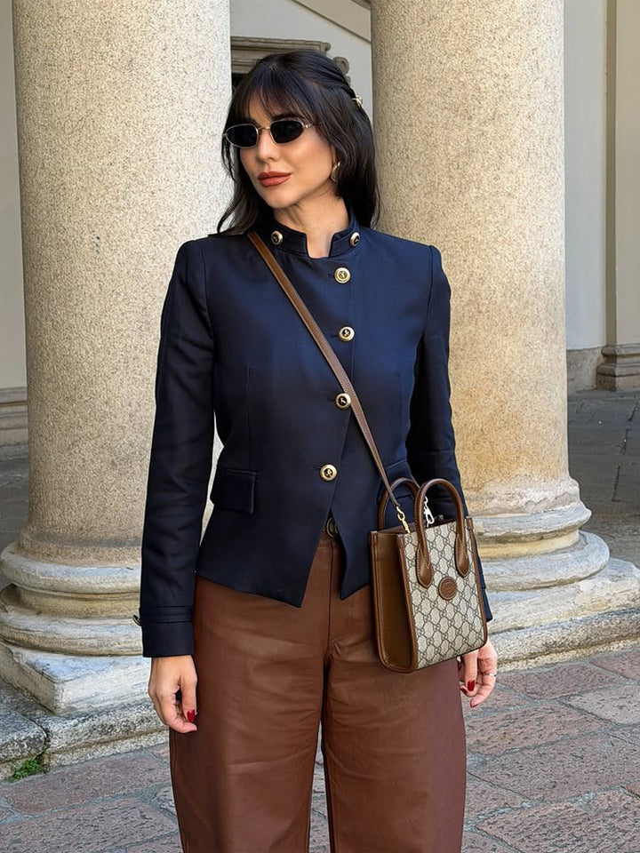 Women's Tailored Blazer with Stand-up Collar and Golden Decorative Buttons Amarae