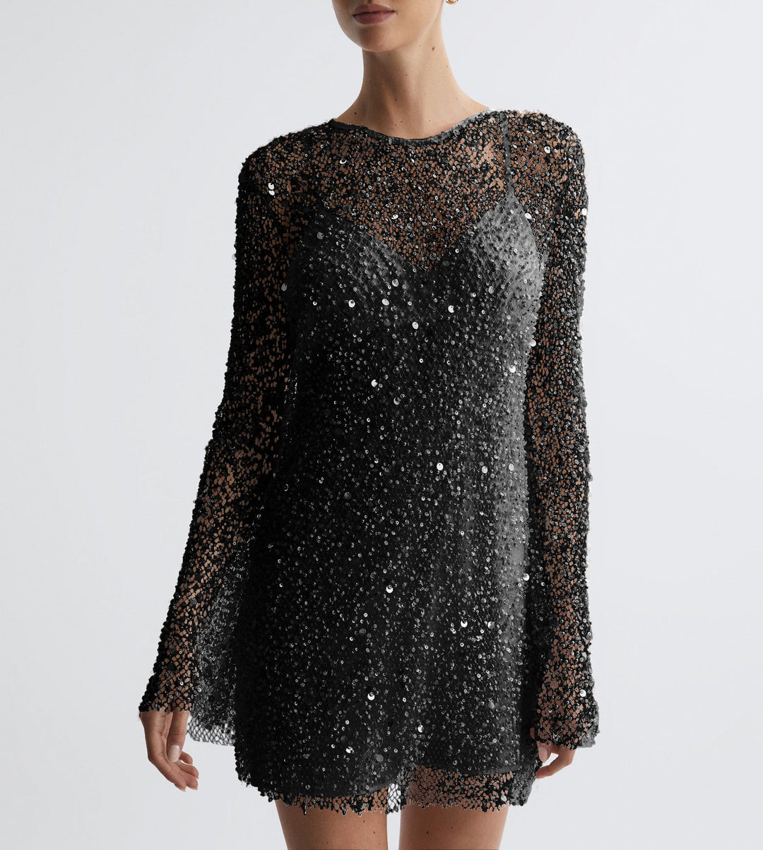 Women Glittering Cocktail Dress with Shimmering Sequins and Long Sleeves Lune London