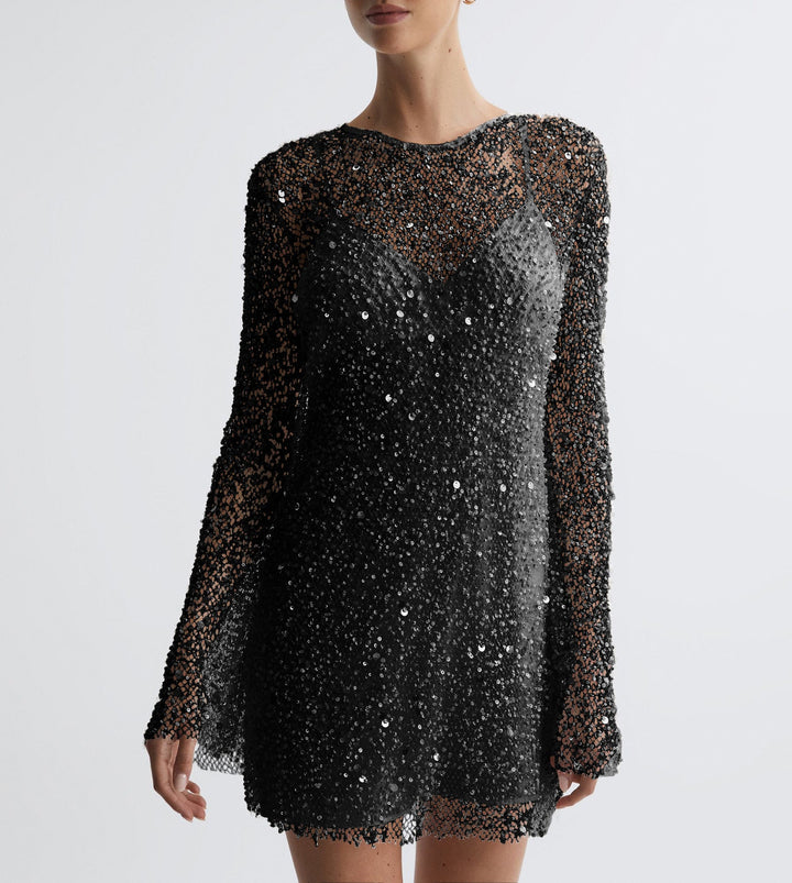 Women Glittering Cocktail Dress with Shimmering Sequins and Long Sleeves Lune London