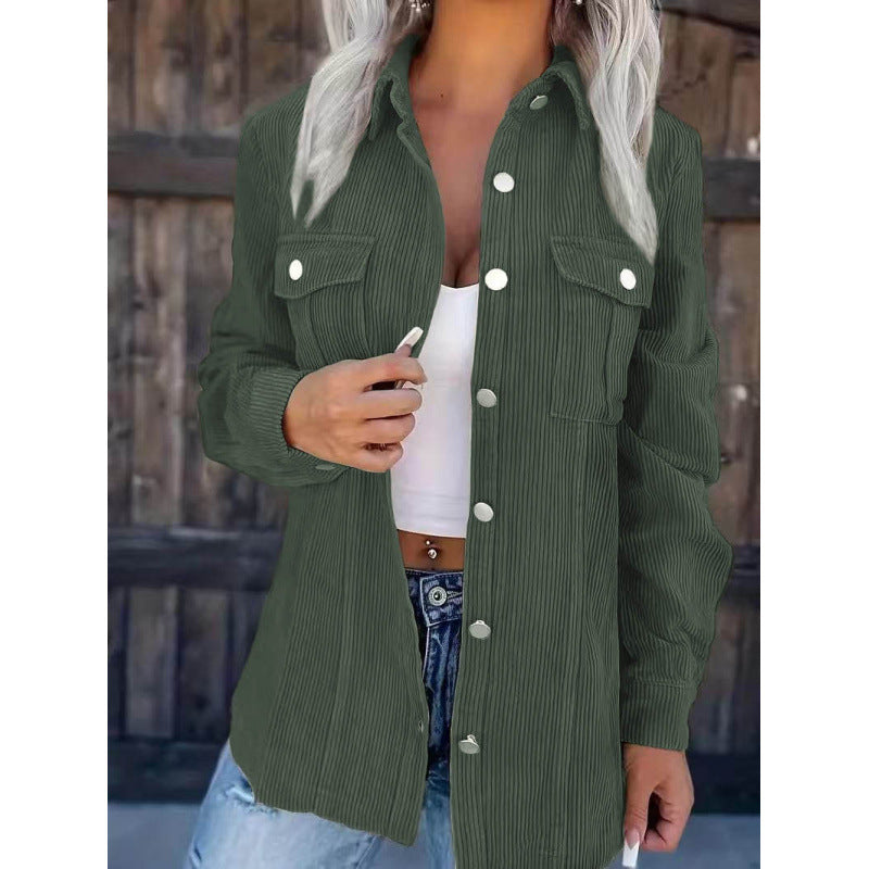 Ladies cord shirt jacket in shacket style with snap button placket and chest pockets Amarae