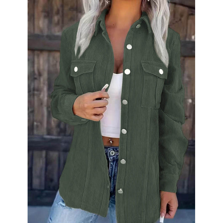 Ladies cord shirt jacket in shacket style with snap button placket and chest pockets Amarae
