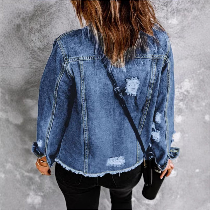 Women's denim jacket with casual destroyed sleeves and raw hem Amarae