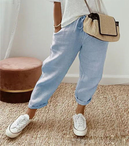 Women's linen jogger pants with drawstring, loose tapered fit and rolled hems Amarae