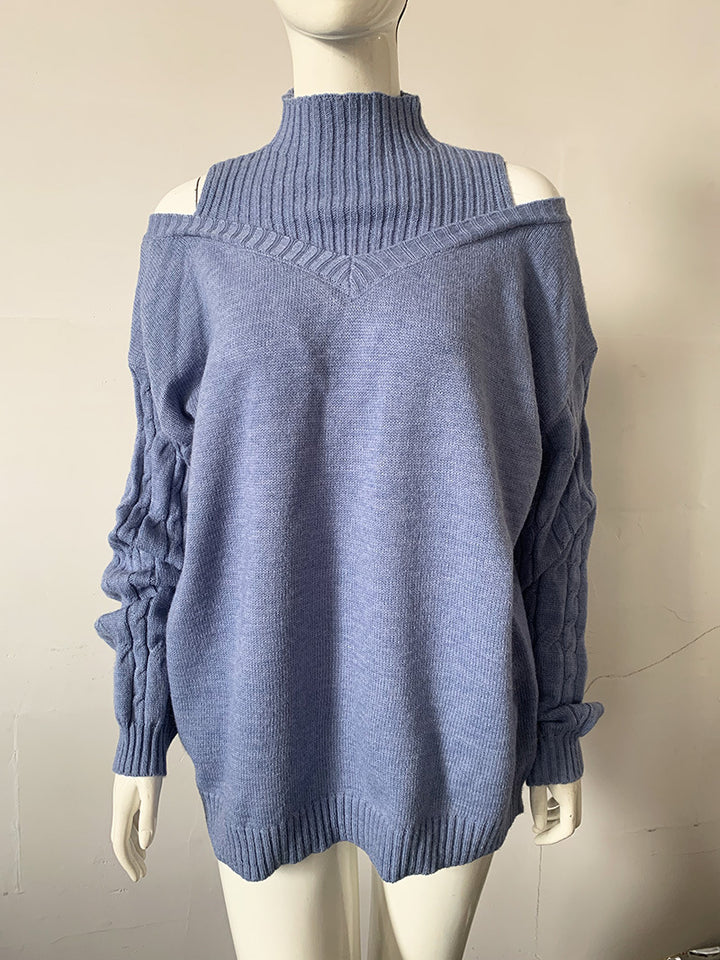 Damen Schulterfreier Oversize-Strickpullover mit Stehkragen Drune