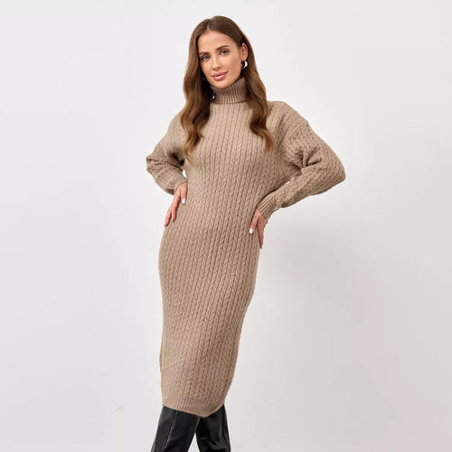 Knit dress for women with high collar and cable knit pattern Amarae