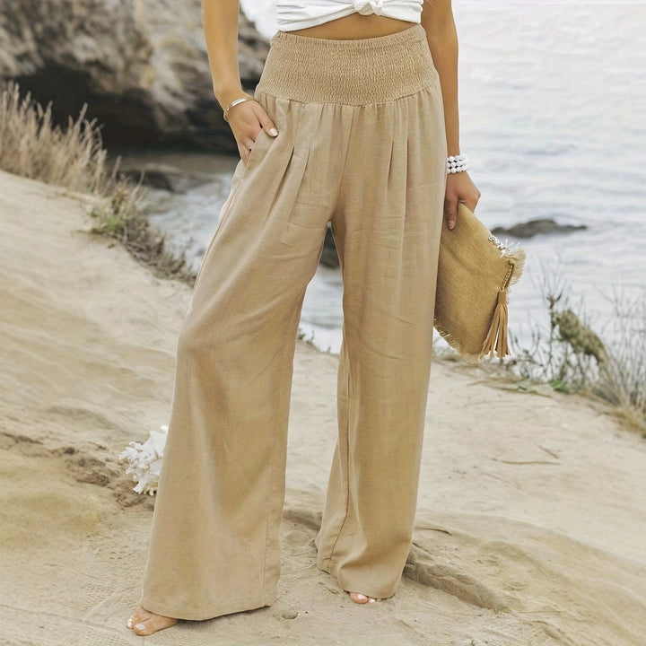 Women's Wide Linen Pants with Smocked Band and Side Pockets Amarae