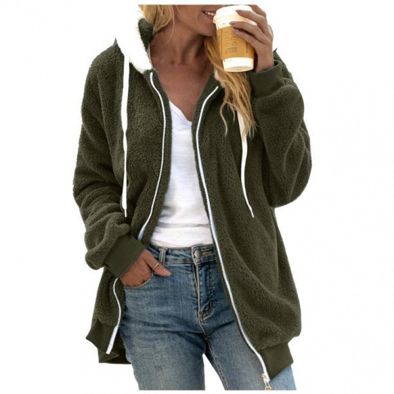 Women's Oversized Sherpa Zip Jacket with Contrast Collar, Ribbed Cuffs, and Drawstring Amarae
