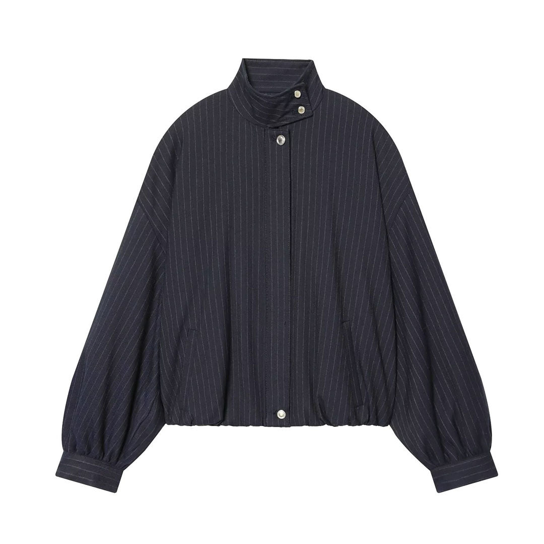 Ladies Short Pinstripe Blouson Jacket with Stand Collar, Balloon Sleeves and Elastic Hem Amarae