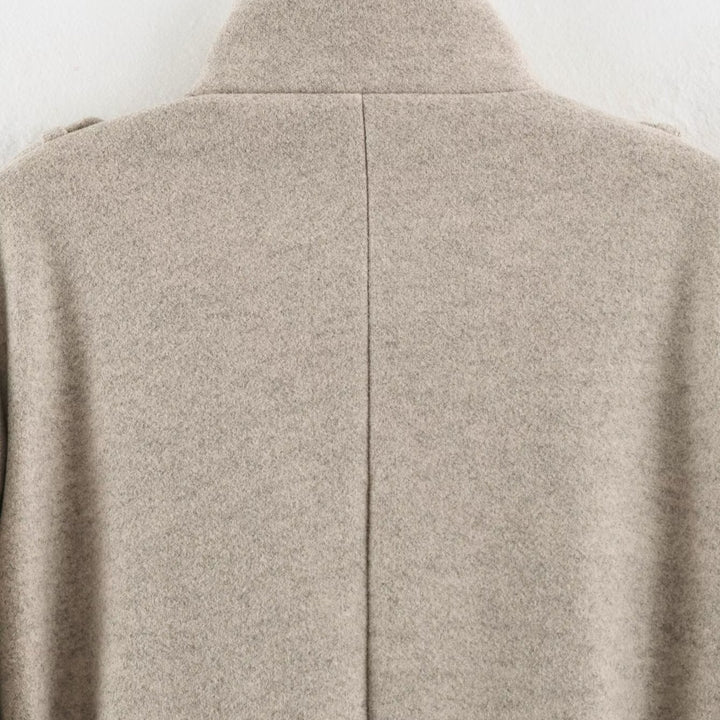 Women’s short trench coat made of wool blend with stand-up collar, epaulettes, and tie belt Amarae