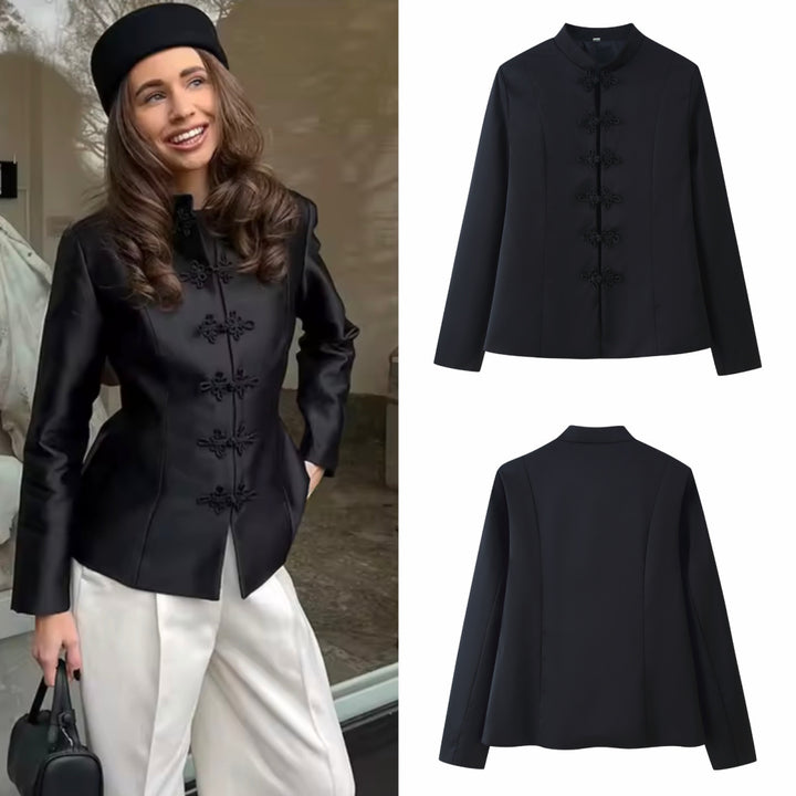 Women Tailored Mandarin Blazer with Frog Buttons and Shaping Darts Amarae