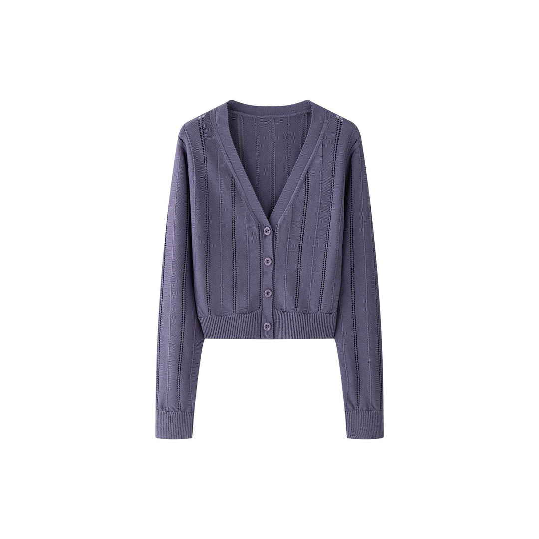 Women's Light Openwork Knit Cardigan with V-Neck and Tailored Ribbed Hem Amarae