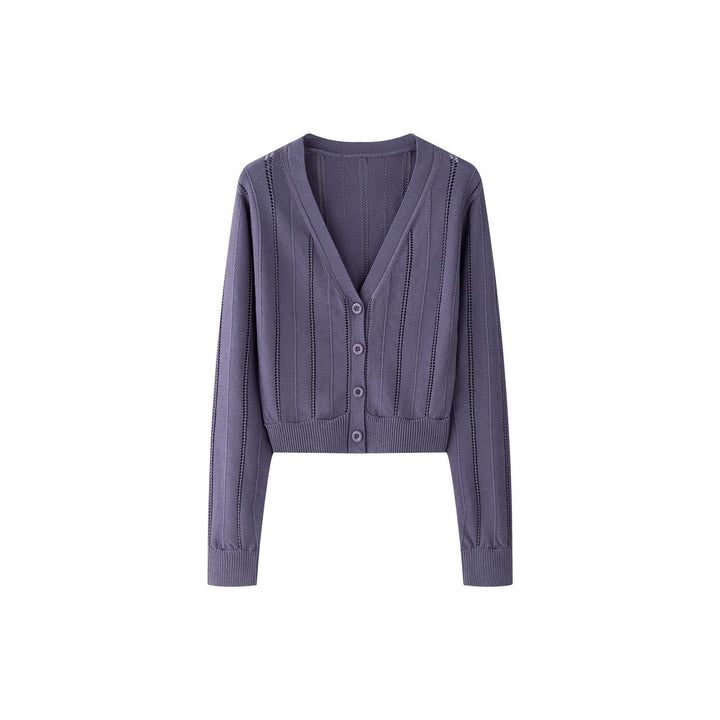 Women's Light Openwork Knit Cardigan with V-Neck and Tailored Ribbed Hem Amarae