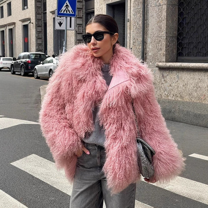 Women Short Cut Shaggy Faux Fur Coat with voluminous Shawl Collar and Oversized Silhouette Amarae