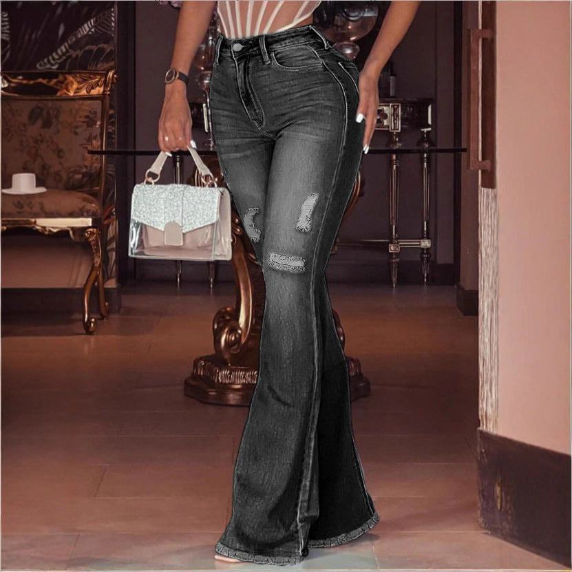 Women's High-Waisted Flared Jeans with Knee Rips, Frayed Hem and Flared Leg Amarae