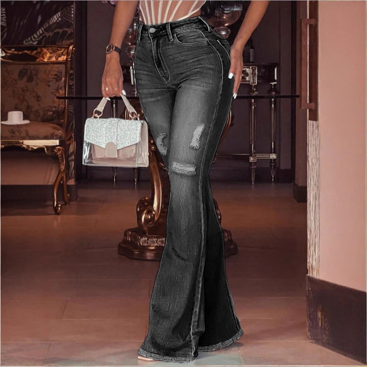Women's High-Waisted Flared Jeans with Knee Rips, Frayed Hem and Flared Leg Amarae