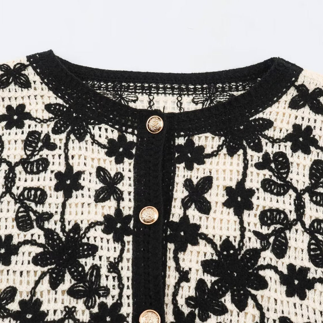 Women's Crocheted Boucle Cardigan with Three-Dimensional Flower Embroidery and Gold Accents Amarae