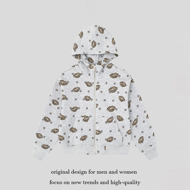 Women's Zip-Up Hoodie in Casual Look with Lip Motif and Polka Dot Pattern Amarae