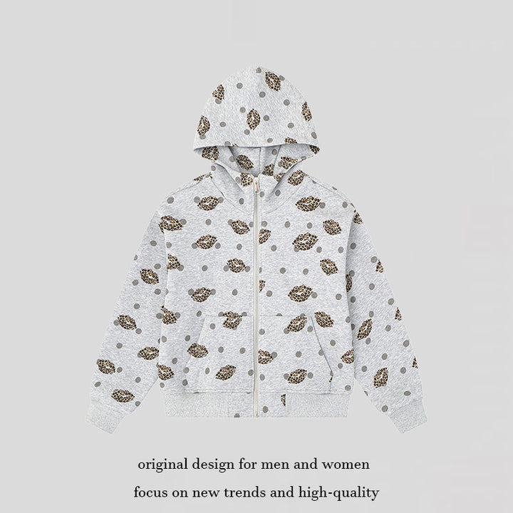 Women's Zip-Up Hoodie in Casual Look with Lip Motif and Polka Dot Pattern Amarae