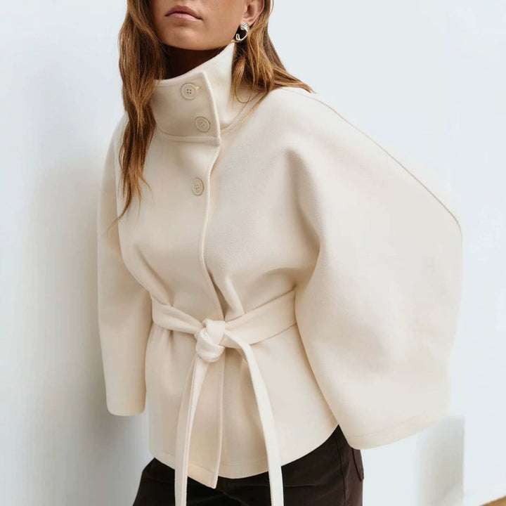 Women's Short Cape Coat with Stand-Up Collar, Oversized Sleeves and Tie Belt Amarae