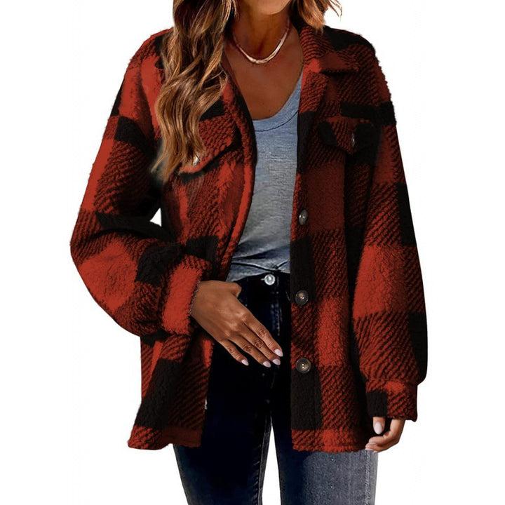 Ladies Plaid Plush Jacket with Snap Button Closure and Convenient Pockets Lune London