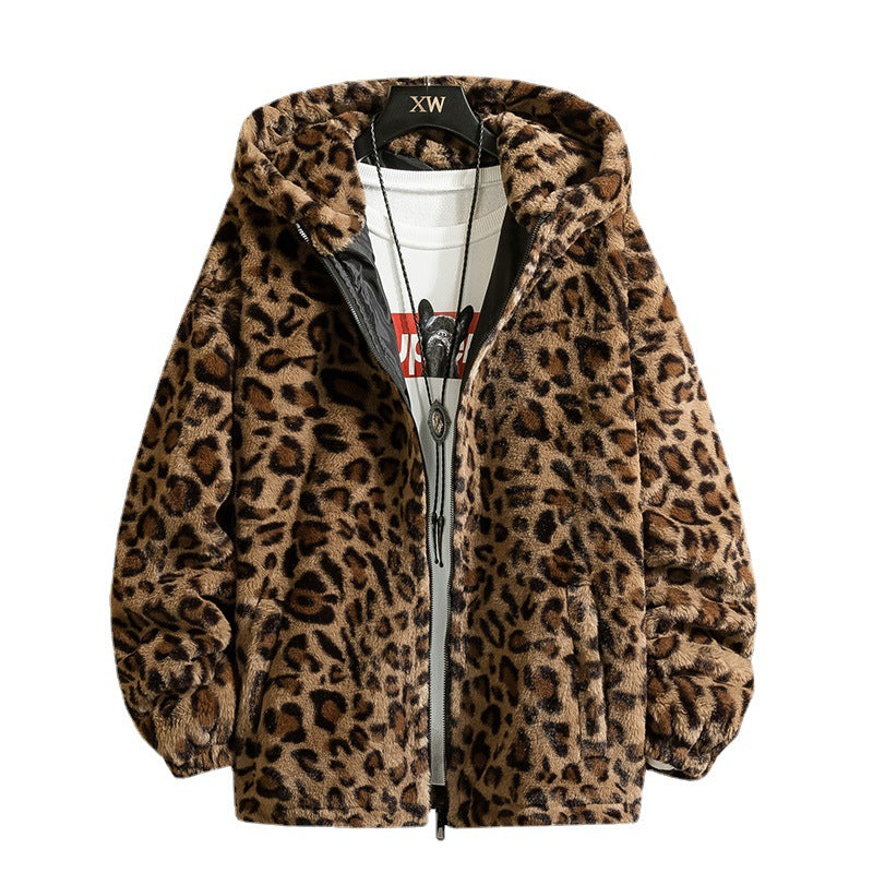 Women Cuddly Fleece Jacket with Leopard Pattern and Hood Lune London