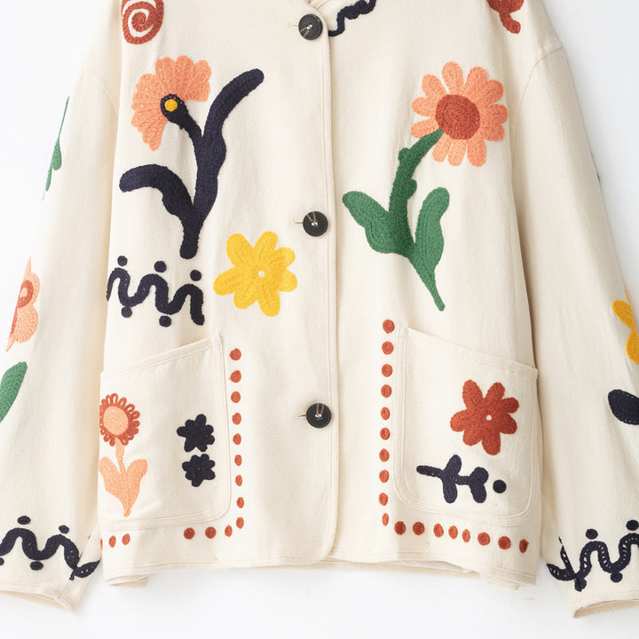 Women's Embroidered Oversized Cotton Jacket with Floral Decor and Button Placket Amarae