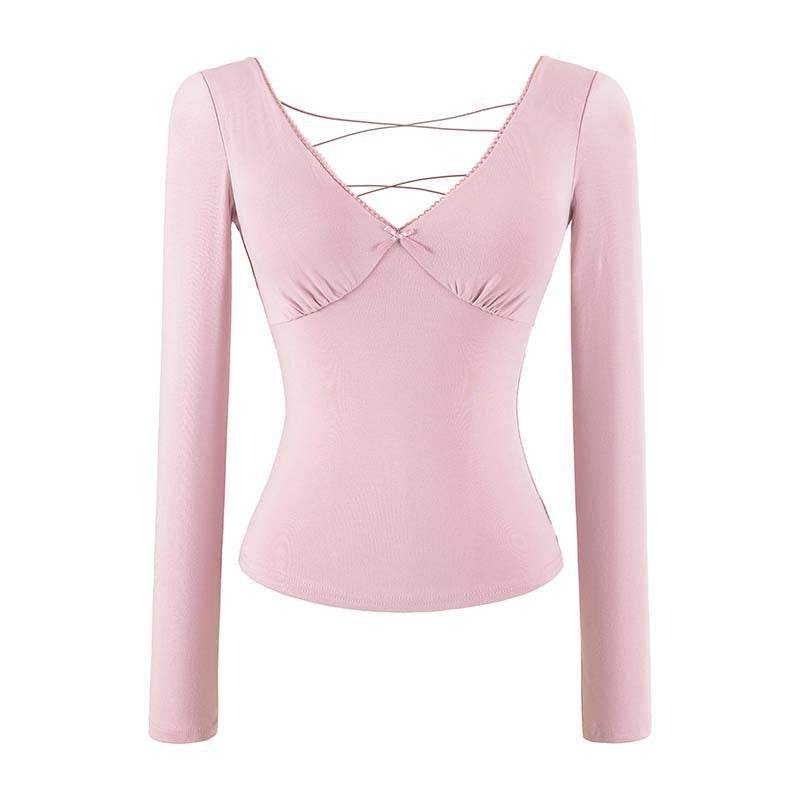 Women's Figure-Hugging Long Sleeve Top with Deep V-Neck, Crossed Spaghetti Straps and Lace Edge