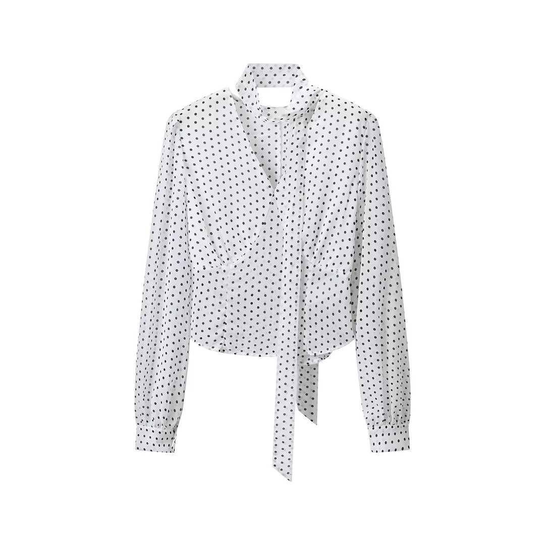 Women's wrap blouse with tie scarf, V-neck and polka dot design Amarae