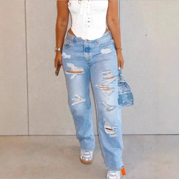 Women High-Waisted Relaxed-Fit Straight Jeans with pronounced Destroyed Details Amarae