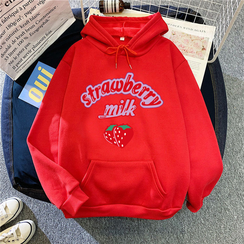 Ladies hooded sweatshirt with cheerful strawberry milk design Chic & Stil