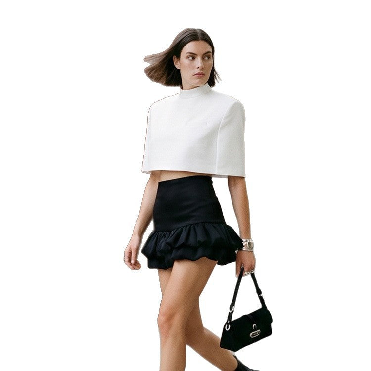 Women Short-Cut Sculptural Cape Top with Stand Collar Amarae