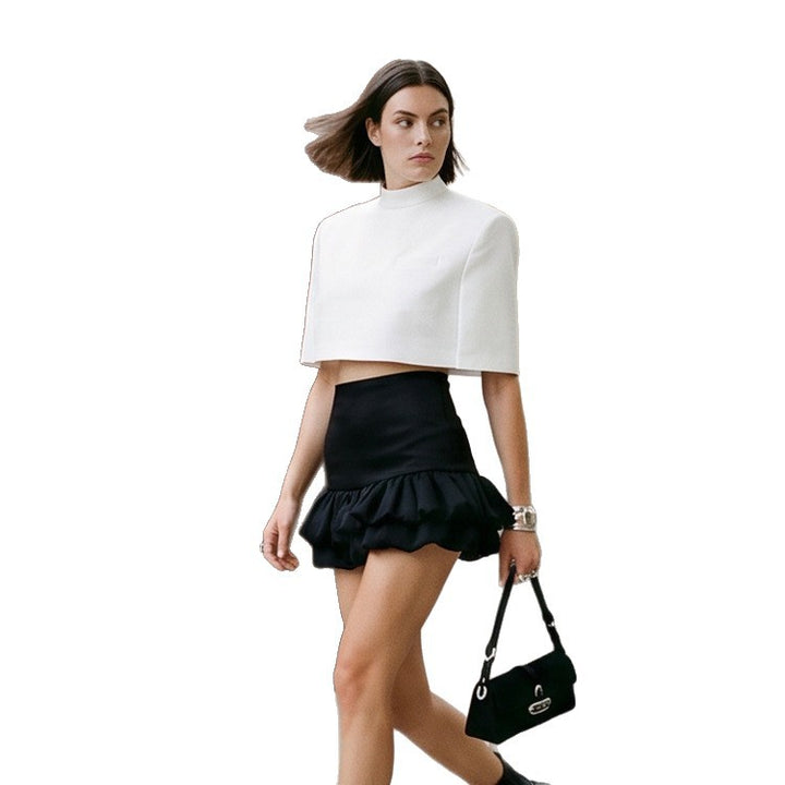 Women Short-Cut Sculptural Cape Top with Stand Collar Amarae