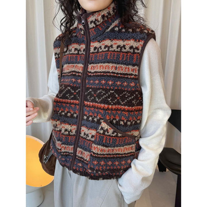 Women Patterned Fleece Vest with Stand-Up Collar and Zipper Amarae