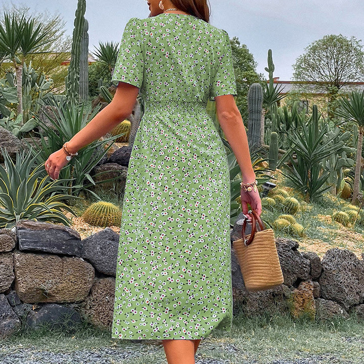 Midi floral dress with wrap neckline for women with side slit detail Lune London