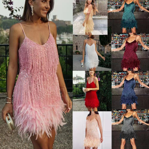 Women's Glittering Mini Dress with Fringe Details and Off-Shoulder Design Amarae