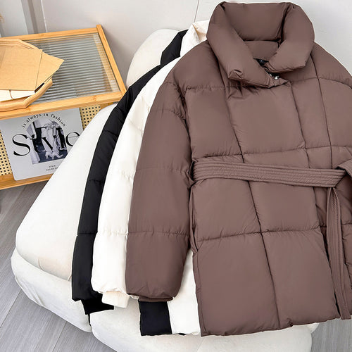 Ladies trendy quilted jacket with belt and high collar Amarae