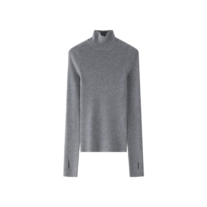 Women's body-hugging fine knit turtleneck sweater with elongated sleeves and thumb hole Amarae