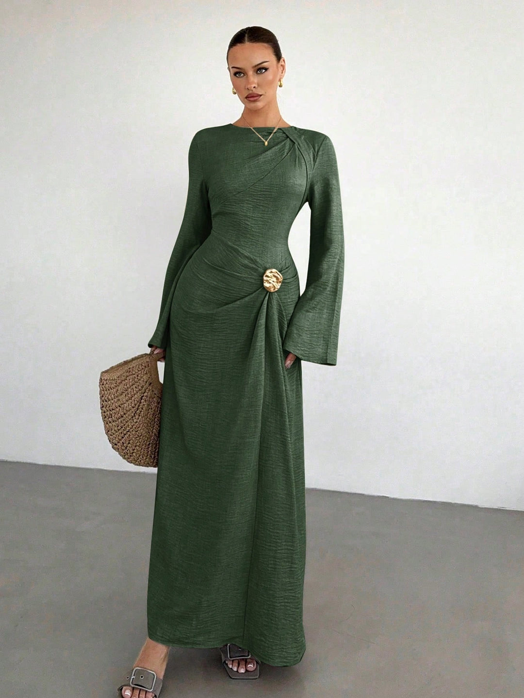 Ladies max dress with draping, decorative brooch and wide trumpet sleeves Amarae